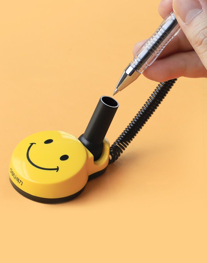 得力桌面台笔固定笔座签字笔商务高档柜台笔带绳笔线粘桌笔中性笔