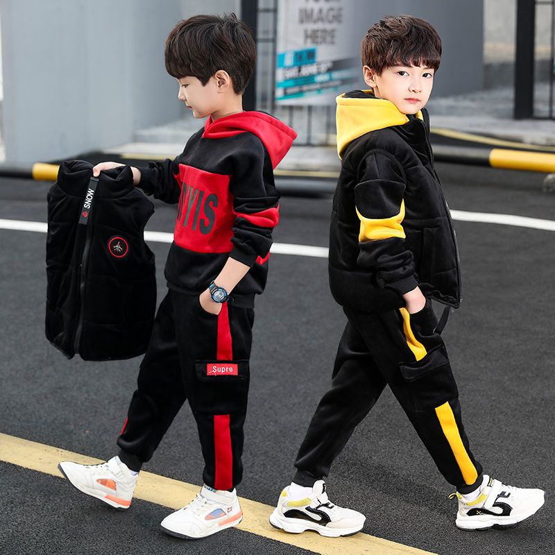 Children's wear men's winter gold velvet 3-piece sweater warm keeping children's autumn and winter plush and thickened foreign style suit
