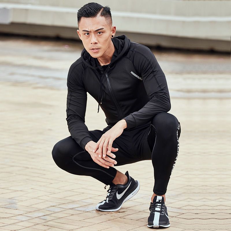 Fitness clothes men's suit running sports autumn and winter Plush training clothes basketball high elastic speed dry clothes running equipment