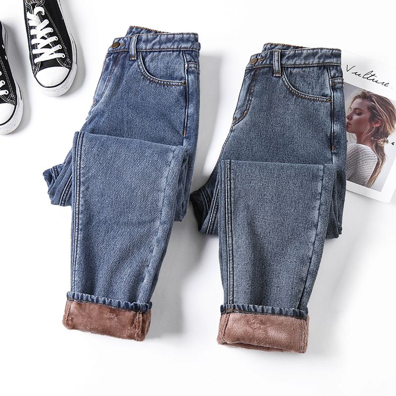 Plus Velvet Daddy Jeans Women's New Winter High Waist Straight Loose Slim Thick Warm Harem Pants Outerwear