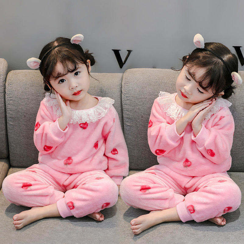 Girls' home suit winter suit flannel children's Plush two piece warm clothes girls' baby pajamas autumn and winter