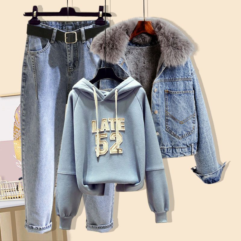 Large women's wear fat sister autumn winter hooded sweater suit women's foreign style thickened coat thin jeans three piece set [delivery within 15 days]