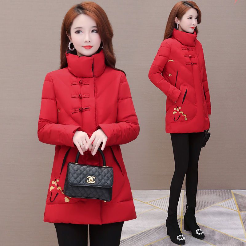 妈妈装棉袄女短款2021年冬季新款高档女装民族风红色中年棉衣外套