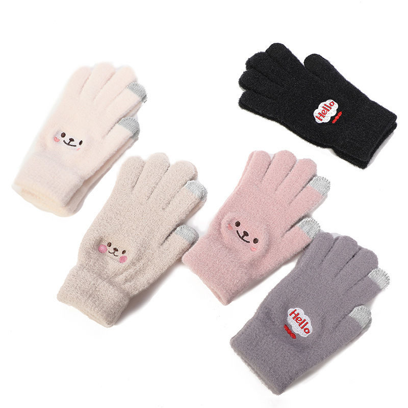 Cartoon imitation mink velvet smile face lovers gloves autumn and winter warm outdoor embroidery lovely lady touch screen Plush gloves