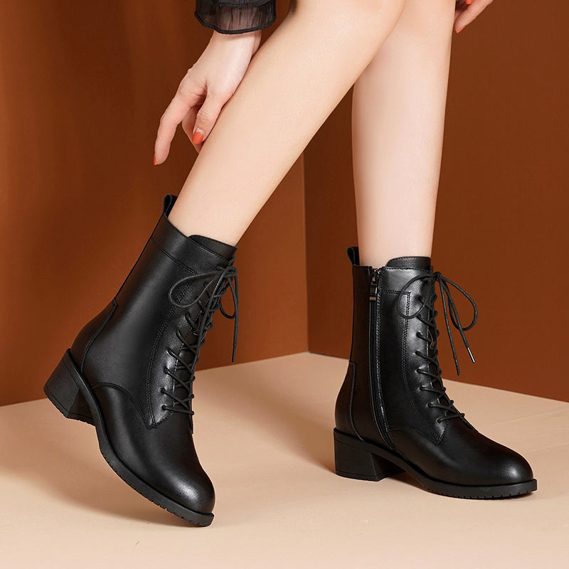 Hong Jingyao leather women's shoes autumn / winter 2020 new high heel thick heel Martin boots women's British style versatile large short boots
