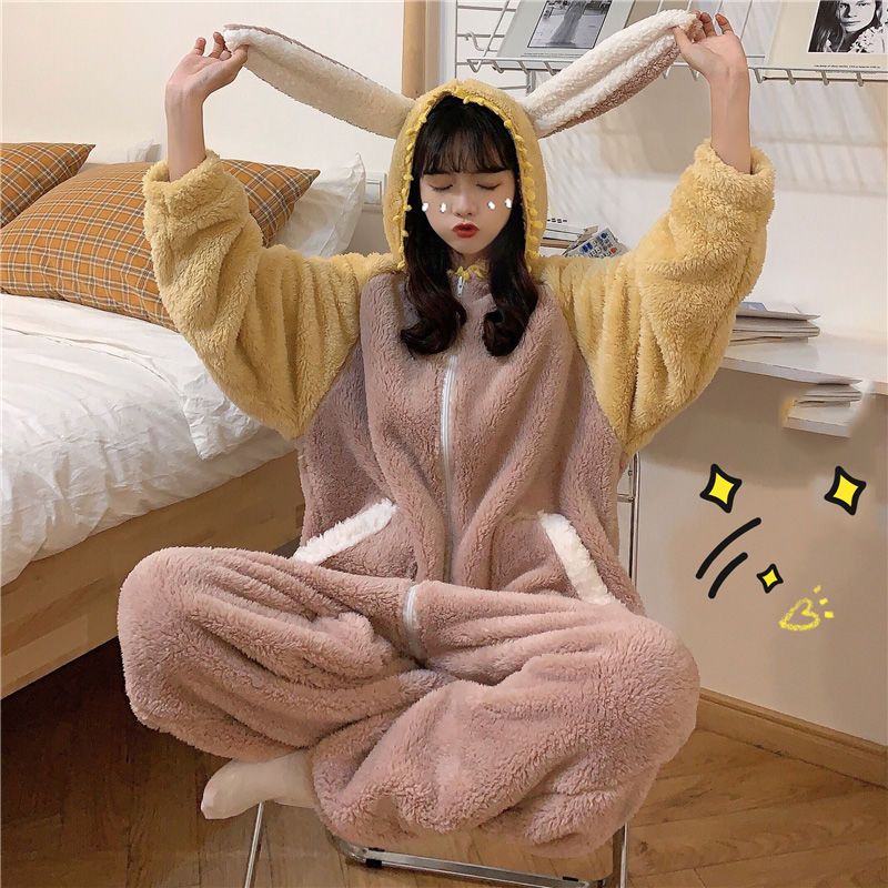 Cute hairy one-piece pajamas girl student winter sweet cartoon junior rabbit ear hooded warm home clothes