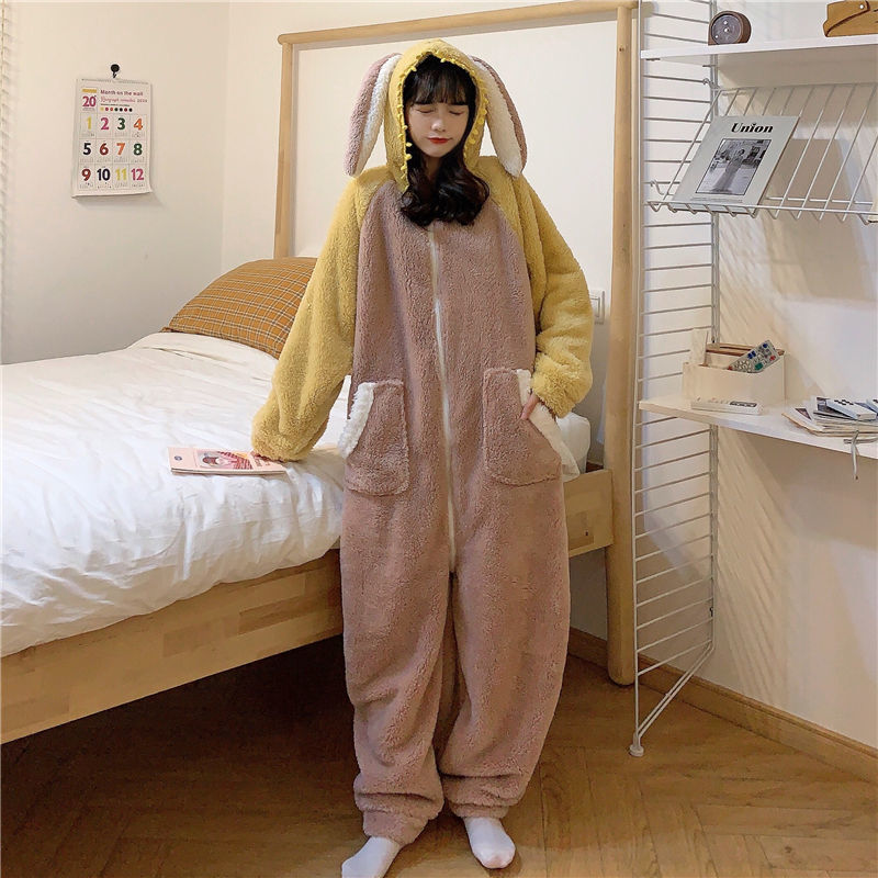 Cute hairy one-piece pajamas girl student winter sweet cartoon junior rabbit ear hooded warm home clothes