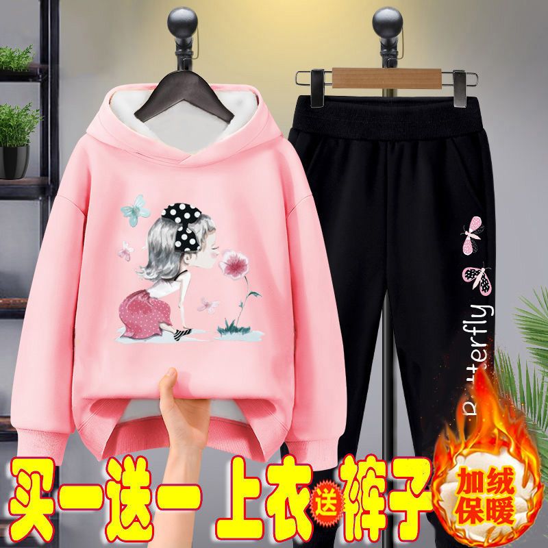 女童秋冬季新款洋氣連帽套裝兒童加絨保曖連帽衛衣小女孩加厚衛褲