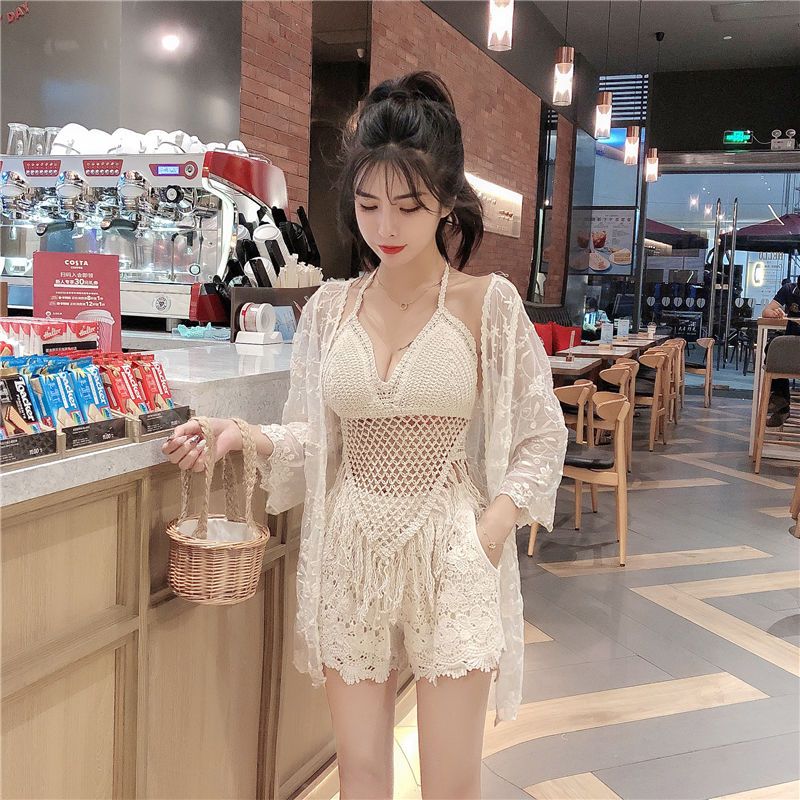 Three piece cut-out cardigan jacket + suspender temperament hot spring swimsuit + shorts fairy fashion suit small chest show thin