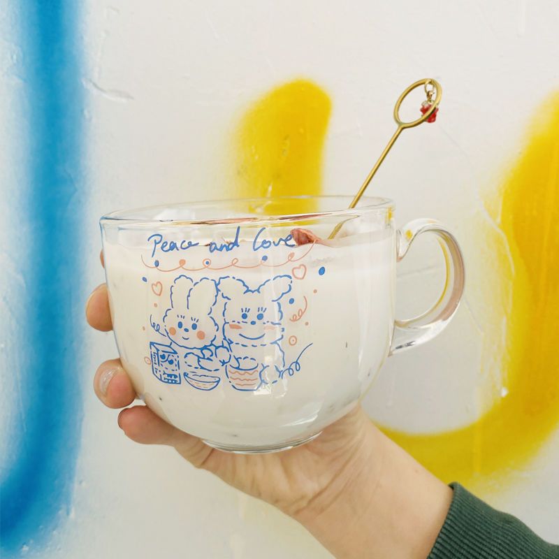 透明燕麦早餐杯牛奶咖啡玻璃杯子家用带盖勺大肚水杯ins风女带把