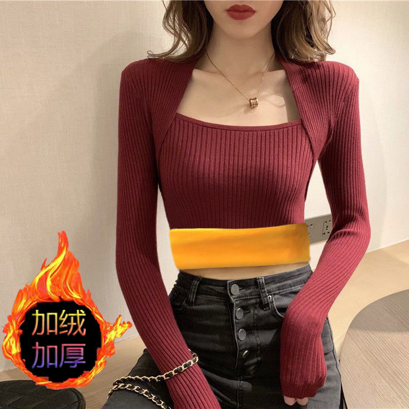 2022 autumn and winter women's U-neck plus velvet thick all-match solid color sweater sweater top new fashion bottoming shirt
