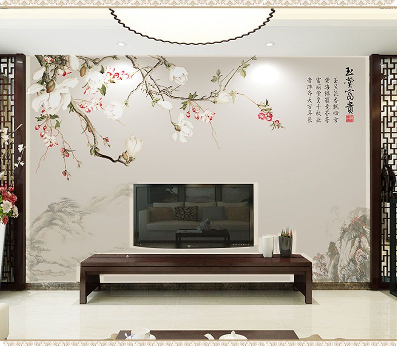 新中式8d电视背景墙壁纸玉兰花鸟壁布壁画客厅沙发装饰古典影视墙【飞哥专营】