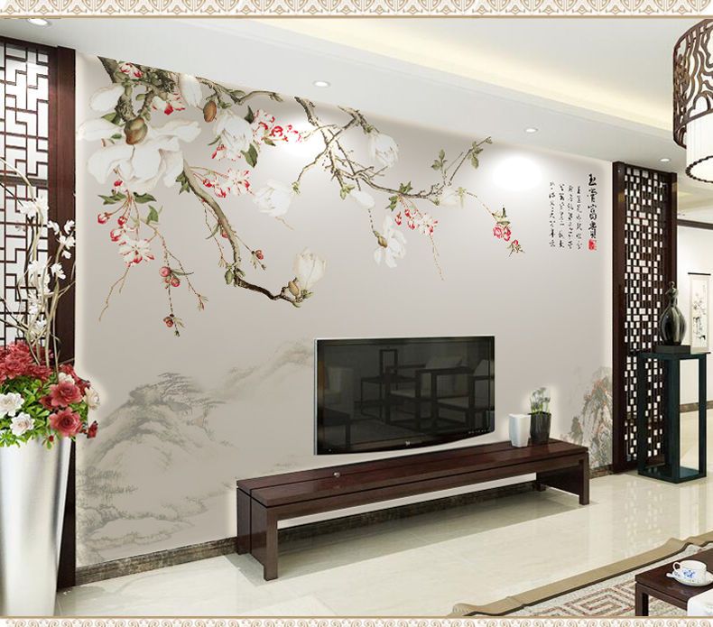 新中式8d电视背景墙壁纸玉兰花鸟壁布壁画客厅沙发装饰古典影视墙【飞哥-专营】