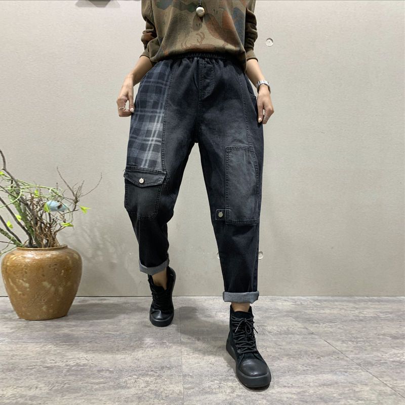 Fat mm large women's pants autumn and winter loose and versatile elastic waist drawstring pants show thin skin covering Harlan small leg jeans