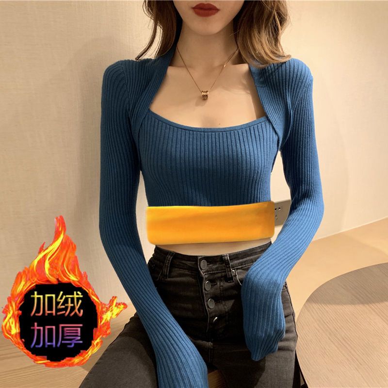 2022 autumn and winter women's U-neck plus velvet thick all-match solid color sweater sweater top new fashion bottoming shirt