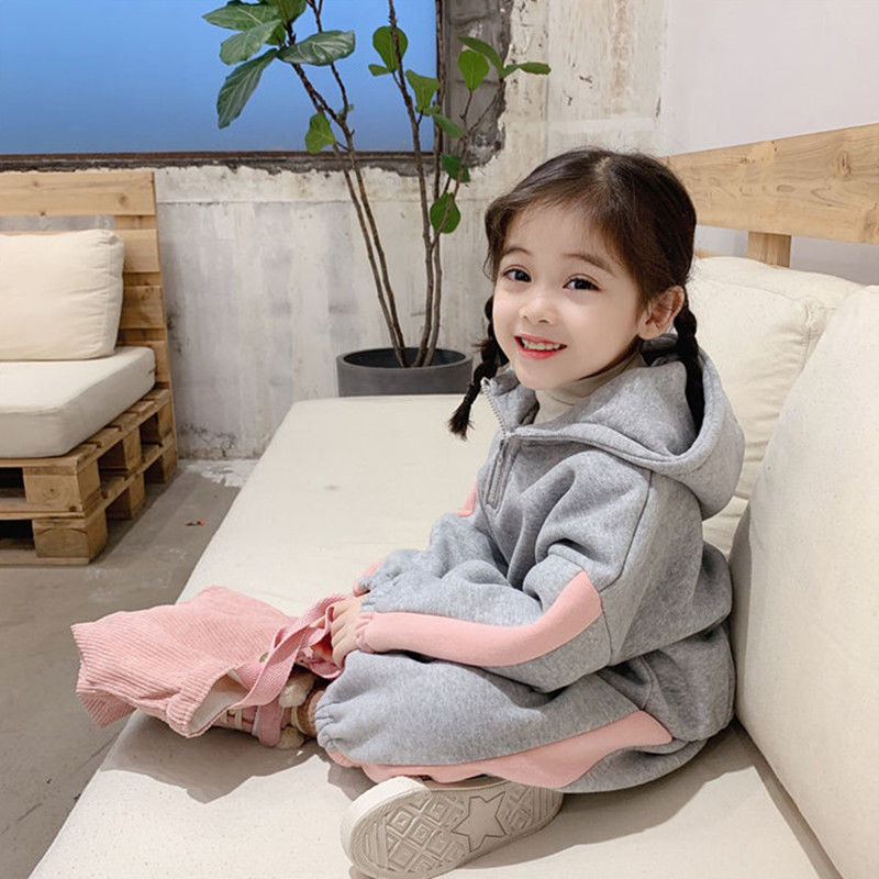 Girls Plush sports suit baby autumn winter Korean loose little girl thickened casual Hooded Sweater Set