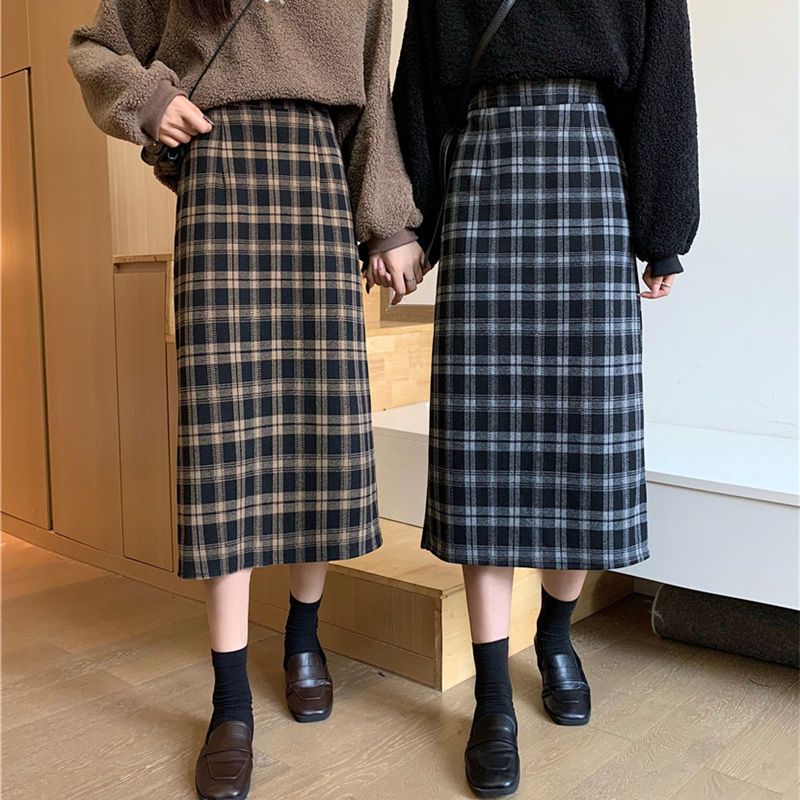 Woolen plaid skirt autumn and winter women's 2020 new mid length Hip Wrap Skirt high waist retro versatile skirt