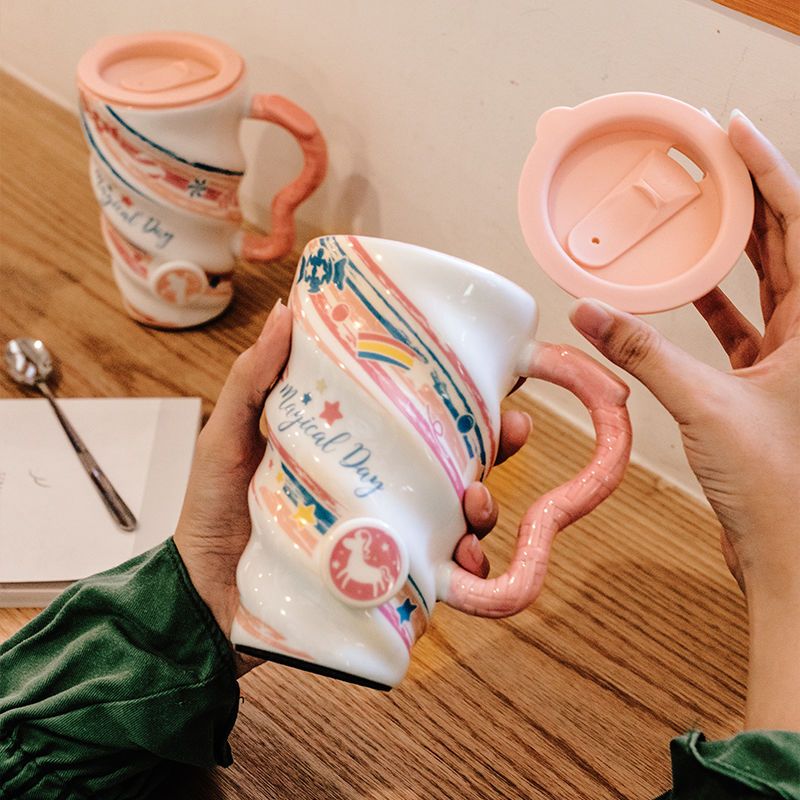 屿鹿杯子创意马克杯带盖勺个性情侣水杯女陶瓷大容量潮流咖啡杯