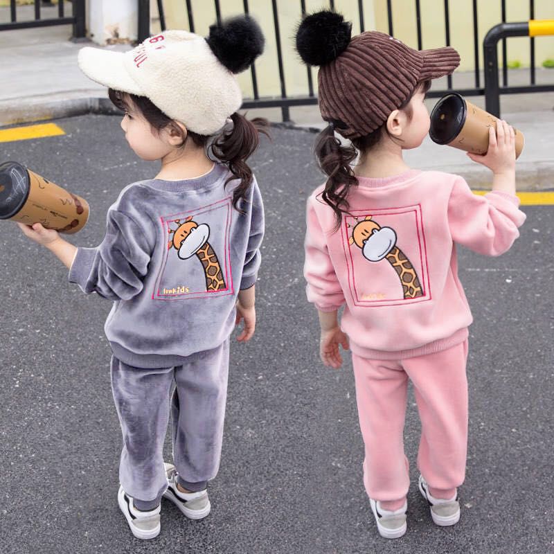 Girls' foreign style sweater two piece set golden velvet autumn and winter plus Plush thickening suit