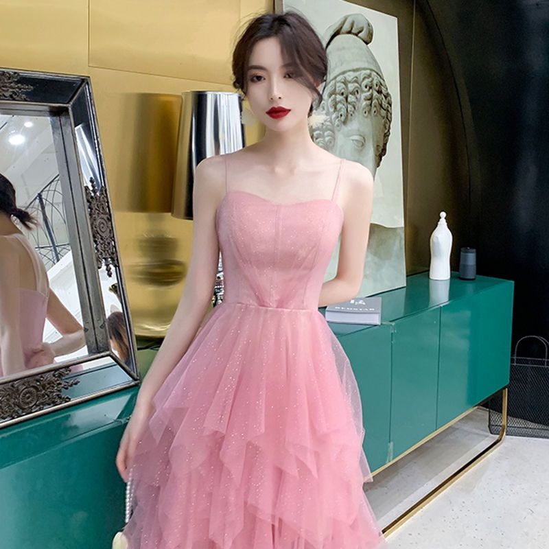 宴会晚礼服2021新款粉色吊带气质小礼服生日连衣裙平时可穿短款