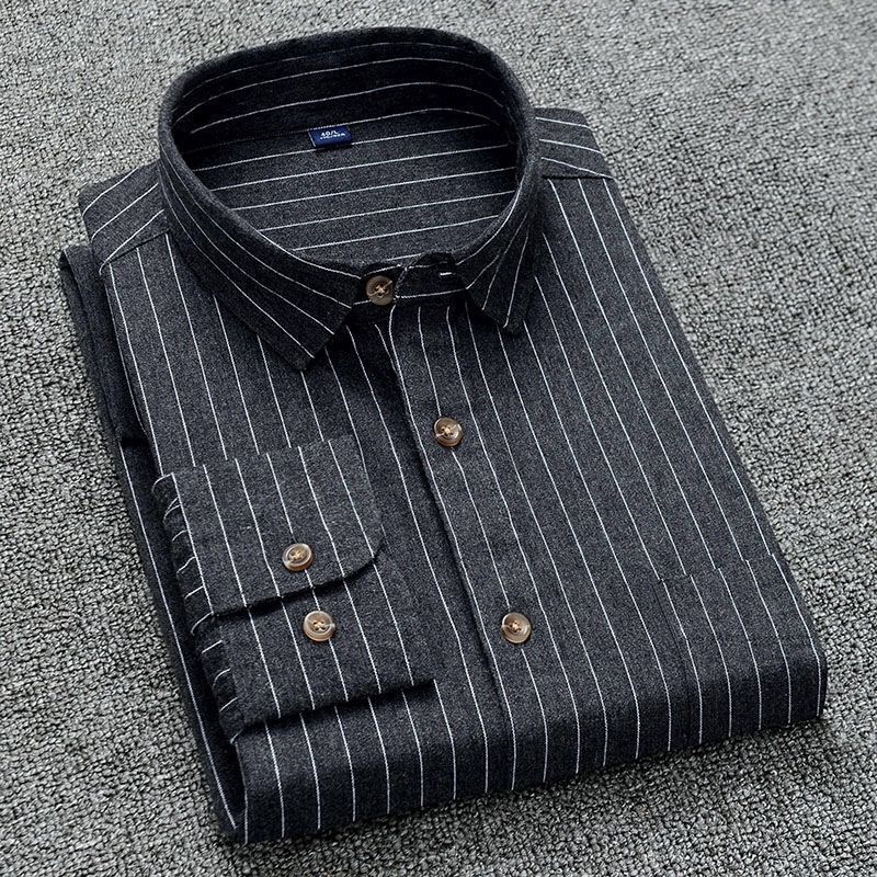 100% cotton frosted Stripe Men's long sleeve shirt plain Plaid casual shirt middle aged youth loose size