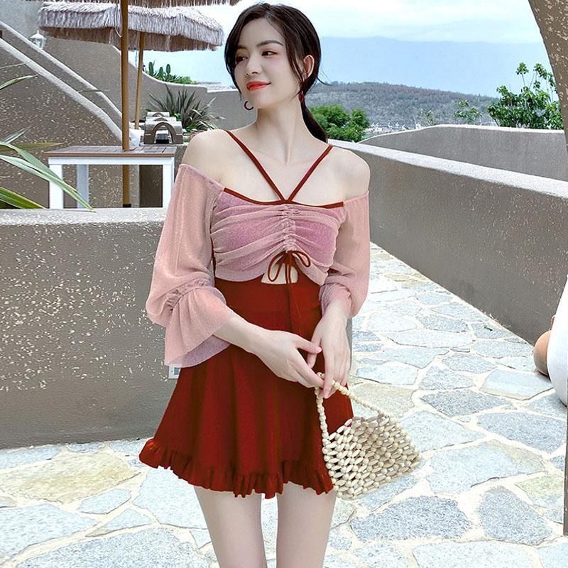Hot spring swimsuit women 2021 new one-piece slimming cover belly Korean ins small chest gathered boxer swimsuit women