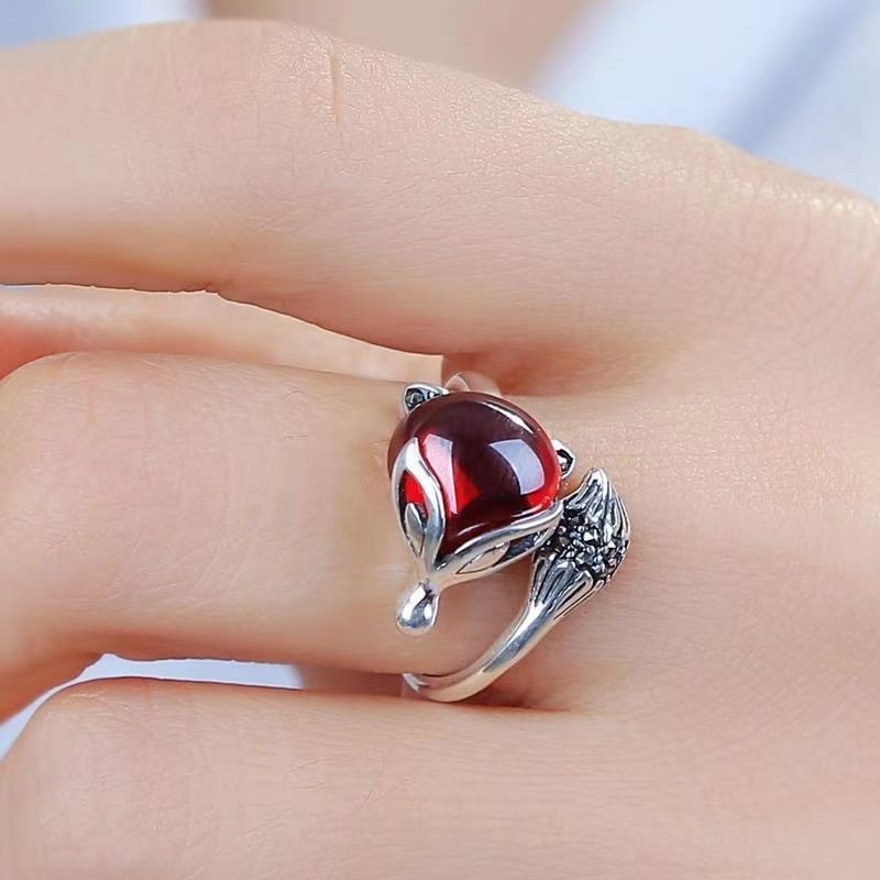 Fortune ring female S925 Silver Red Agate Gem fox ring