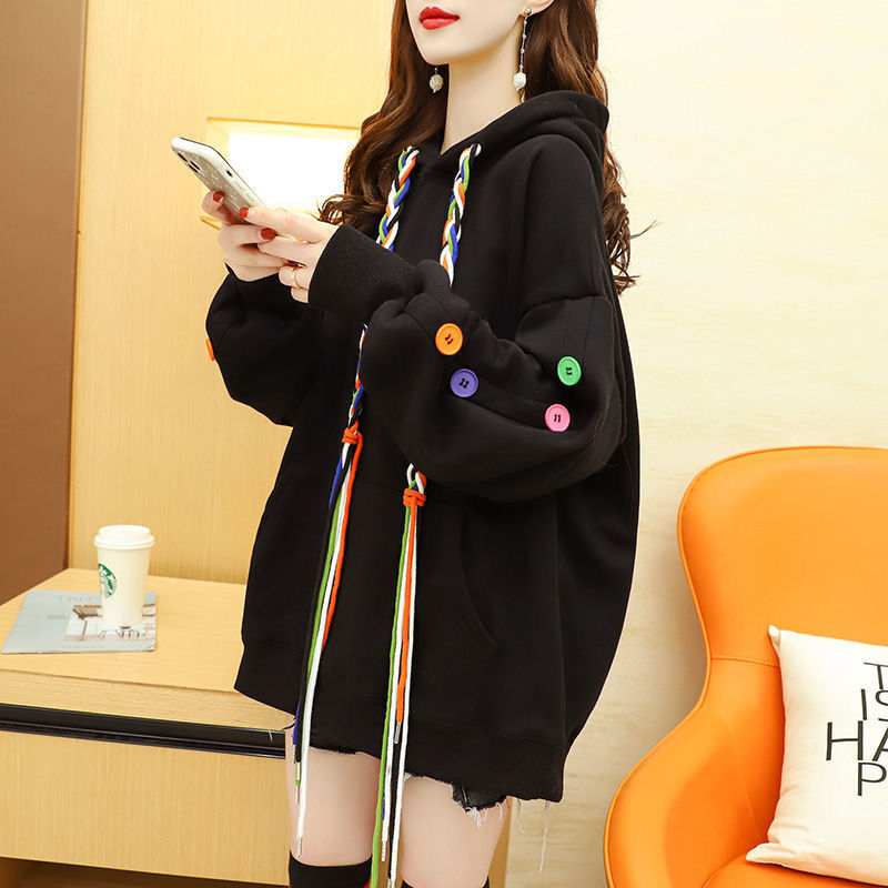 2020 net red new button sweater women's fashion ins winter Plush hooded Hong Kong style fashionable foreign style top n