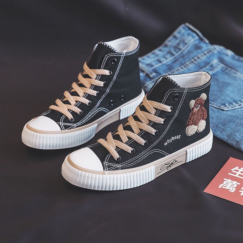 Bear high-top canvas shoes female students Korean version 2021 spring new ulzzang all-match 1970s retro sneakers trend