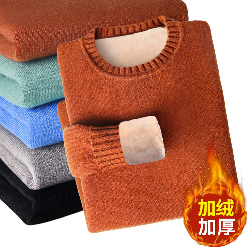 Men's sweaters, velvet thickened bottoming shirts, Korean style thermal tops, autumn and winter knitted sweaters, long-sleeved woolen clothes