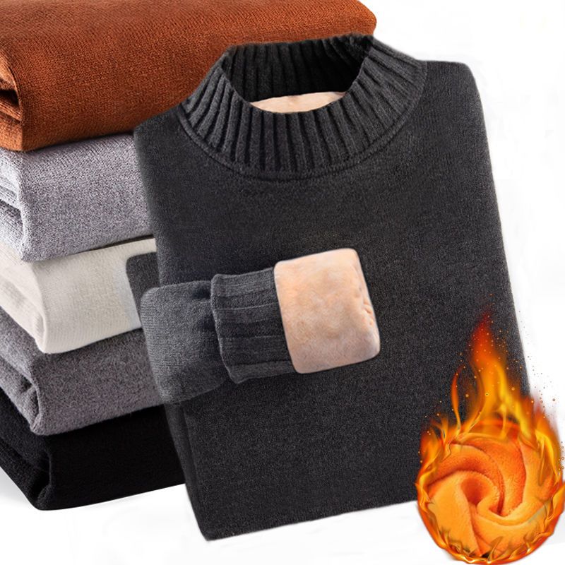 Men's sweaters, velvet thickened bottoming shirts, Korean style thermal tops, autumn and winter knitted sweaters, long-sleeved woolen clothes