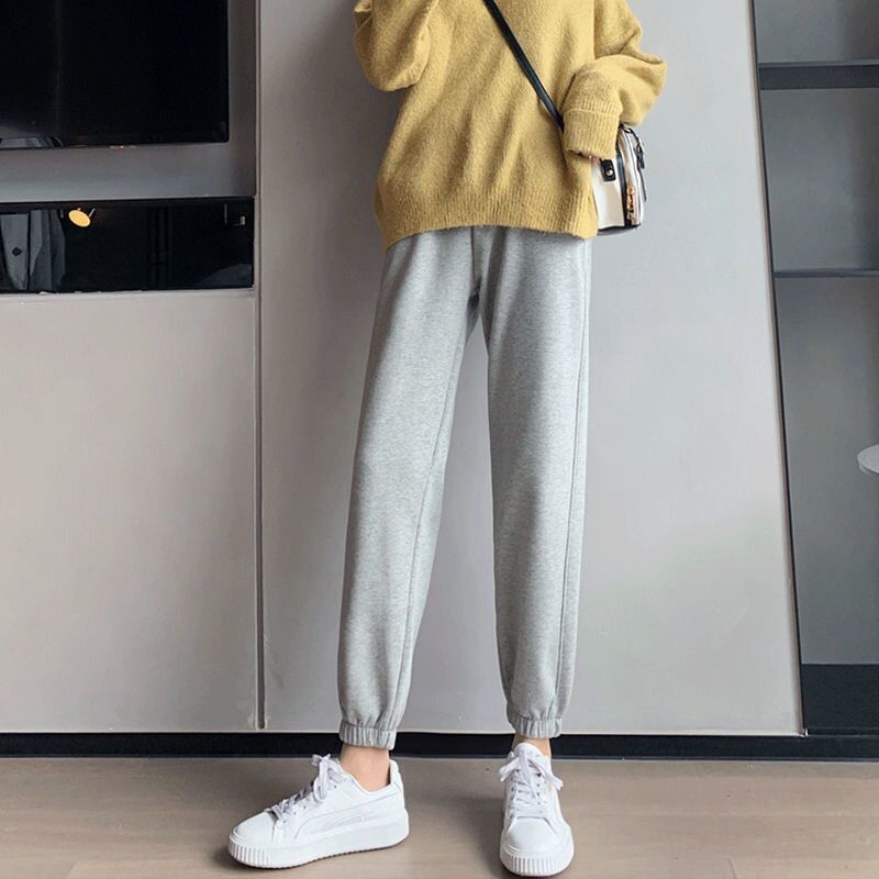Grey Plush sports pants women's loose legged pants show thin and versatile autumn and winter casual small Harem Pants