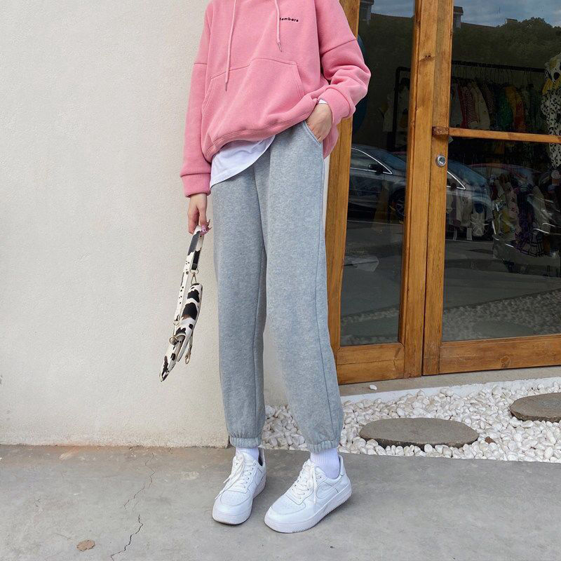 Grey Plush sports pants women's loose legged pants show thin and versatile autumn and winter casual small Harem Pants