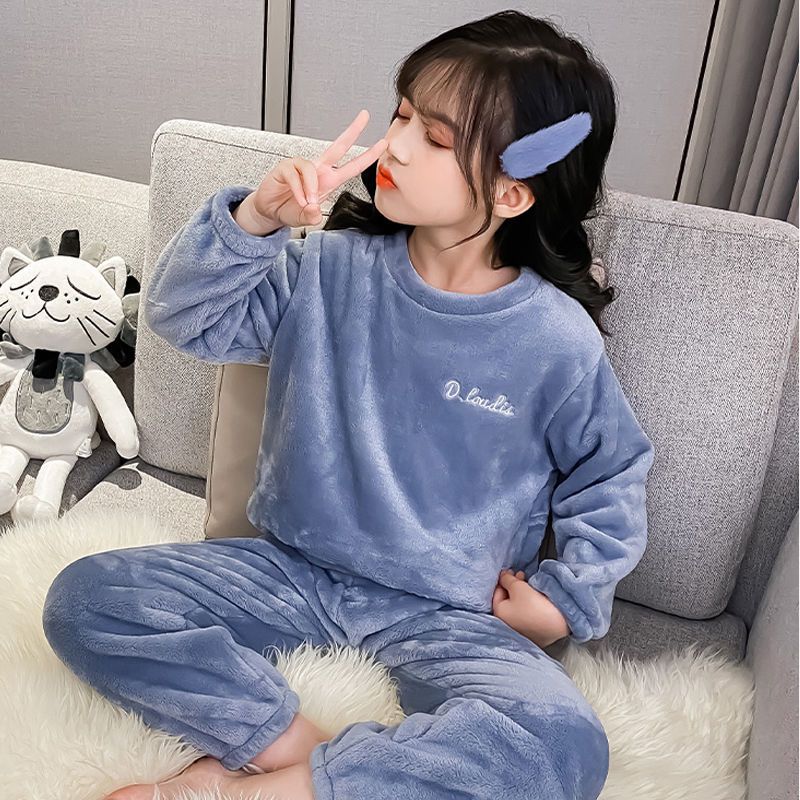 Autumn and winter children's coral velvet pajamas, warm pants, plush boys and girls' warm and thickened baby's outer wear suit