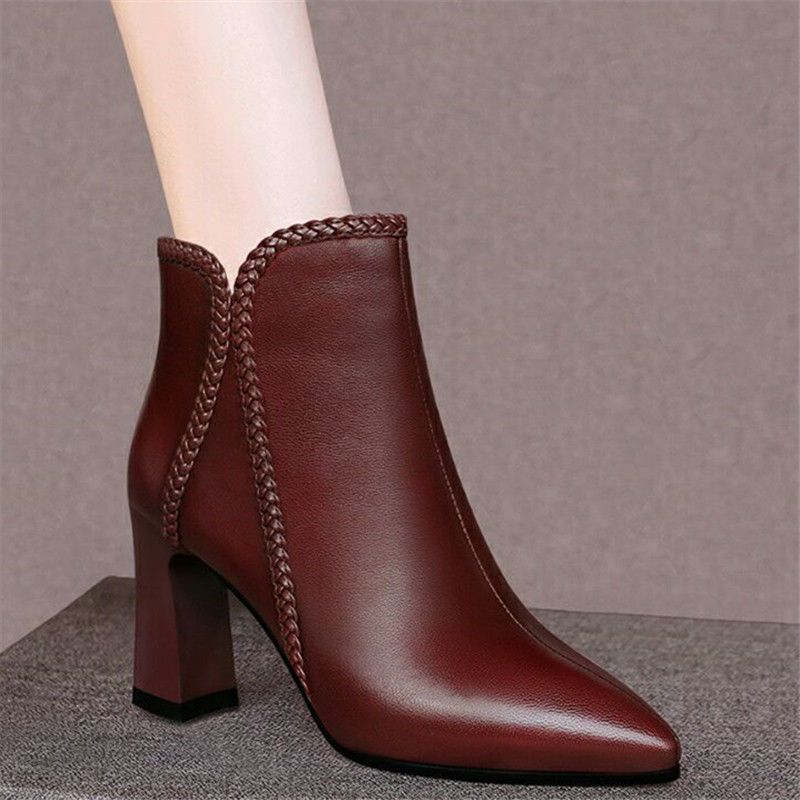 Daphne genuine leather boots women's autumn and winter new plush high heels thick heel pointed red wedding shoes bridal shoes