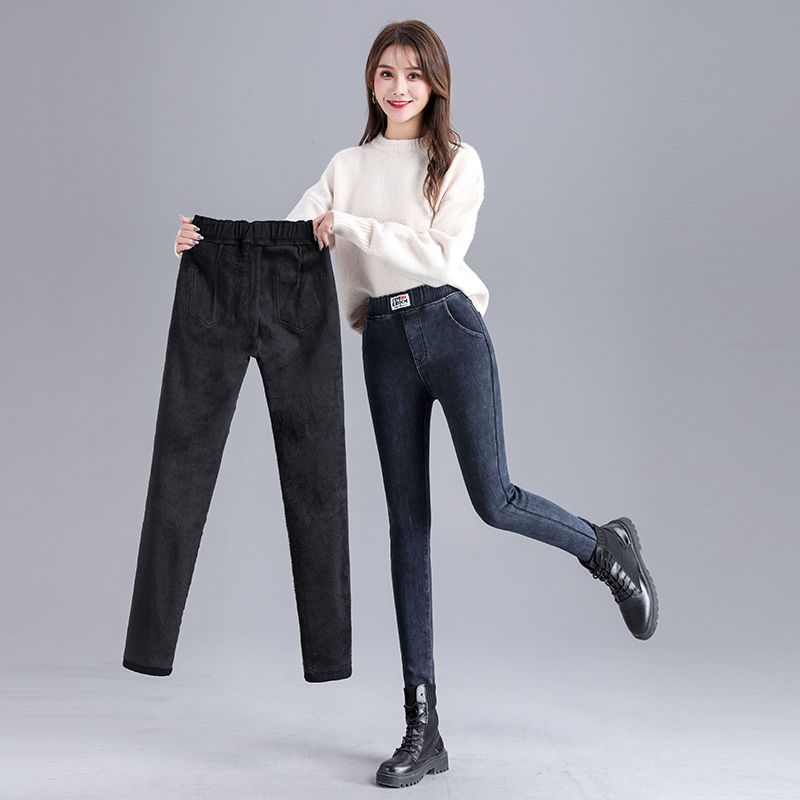Plus velvet high waist denim trousers women's elastic waist plus size small feet black 2022 autumn and winter new women's trousers