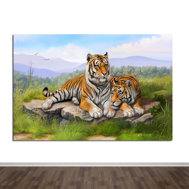 老虎海报猛虎图国画动物世界两只老虎墙贴壁画图片d02