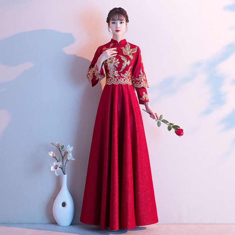 敬酒服新娘2022新款冬季秀禾服酒红色结婚高腰孕妇旗袍遮肚晚礼服
