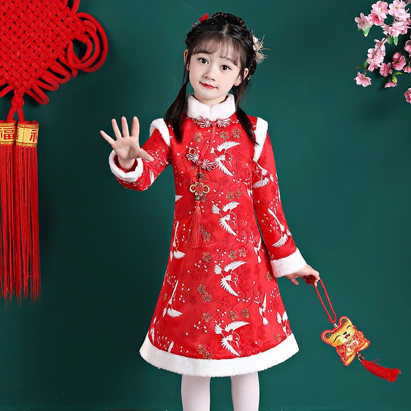 兒童旗袍冬季拜年服漢服兒童女中國風漢服連衣裙紅色秋冬加厚童裝