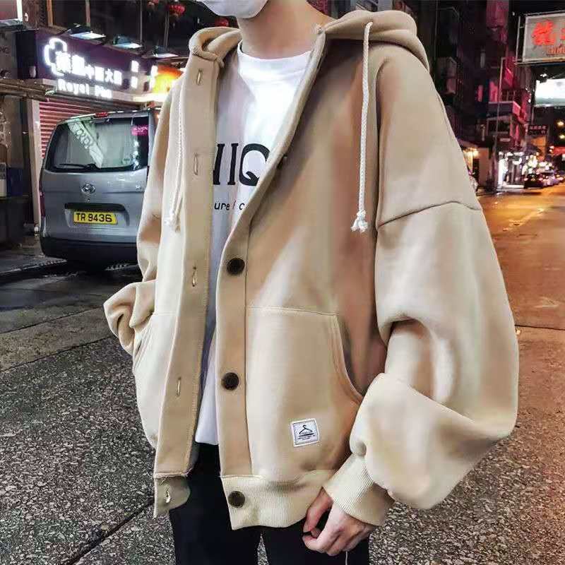 Autumn and winter plush and thickened hooded cardigan junior high school students' Hong Kong Style youth leisure fashion sweater coat men's