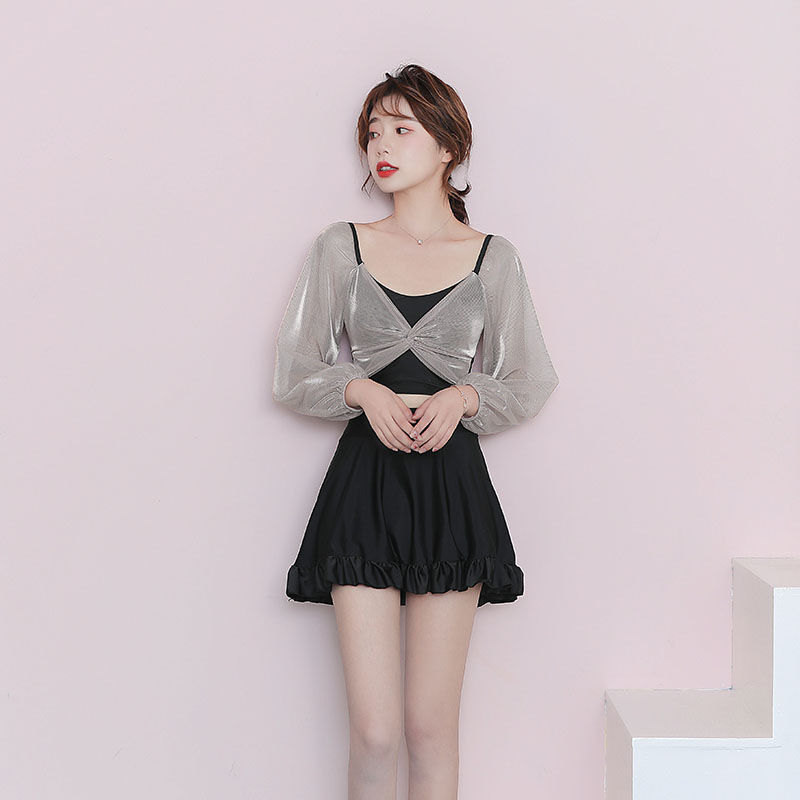 Swimsuit women's split skirt conservative cover belly show thin long sleeves soak hot spring sexy Korean fairy fan hollow