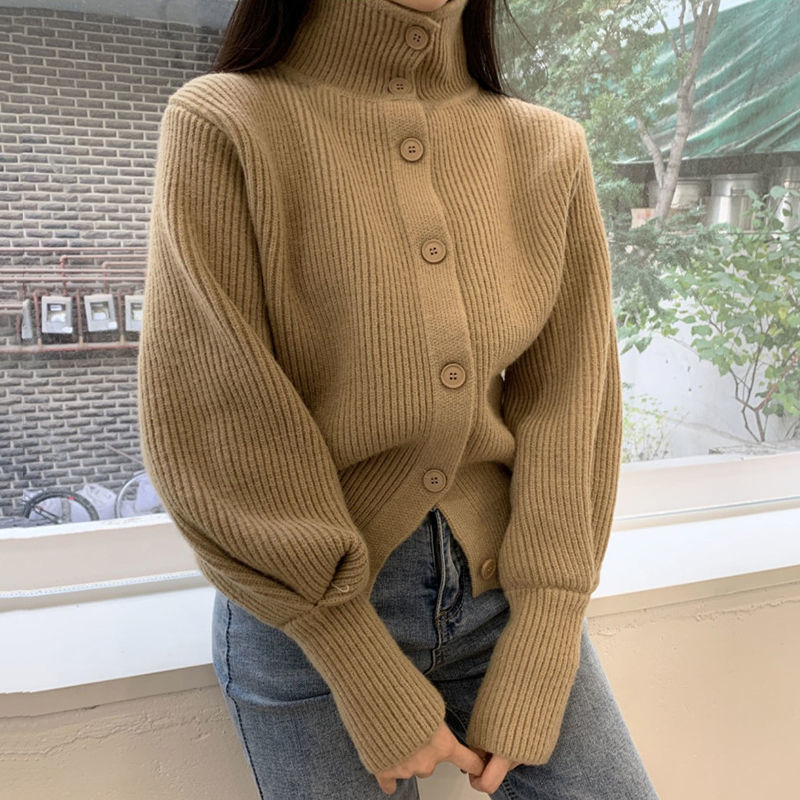 South Korea autumn and winter lazy style stand collar single breasted loose Lantern Sleeve warm knitting cardigan thickened sweater coat women