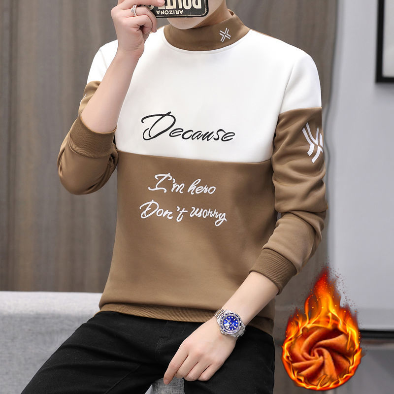 Semi high collar men's sweater with plush and thick new long sleeve T-shirt in autumn and winter
