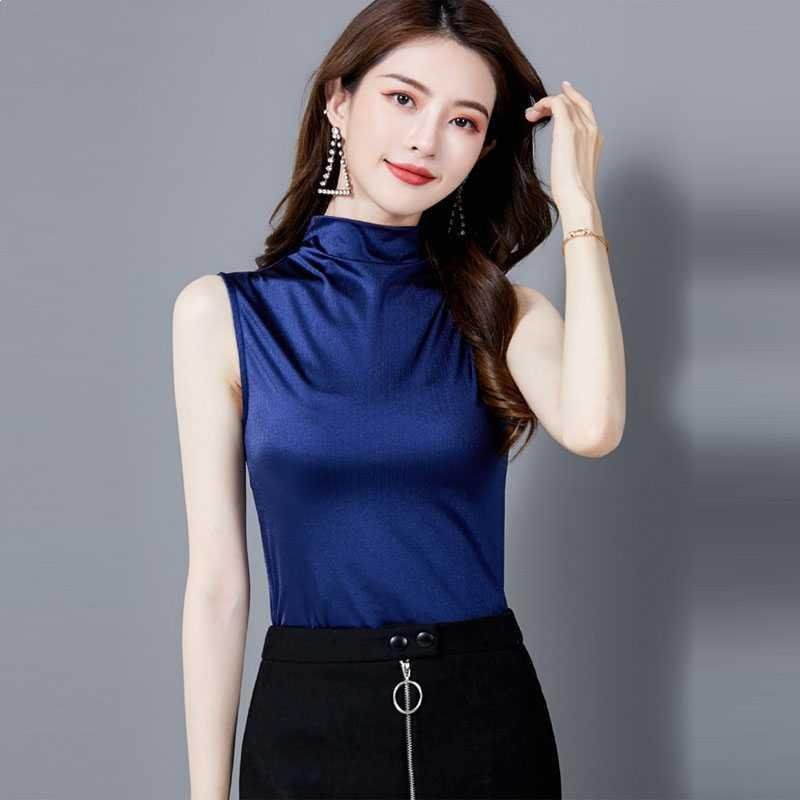 2020 spring and summer suspenders sleeveless vest chiffon inner bottoming shirt silk satin outer wear half-high collar off-the-shoulder top
