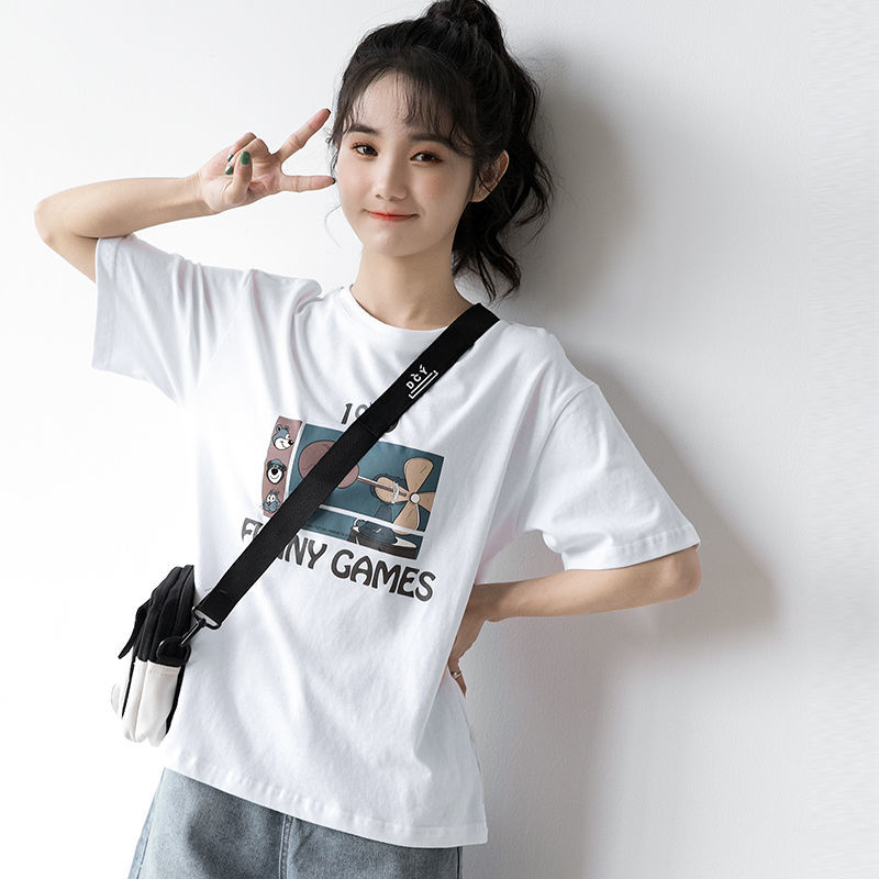 100% cotton summer new black T-shirt women's Korean loose short sleeve versatile student half sleeve top