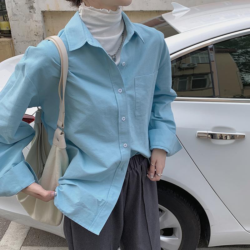 網紅同款2023新款藍色寬鬆顯瘦氣質襯衫長袖百搭中長款襯衣女
