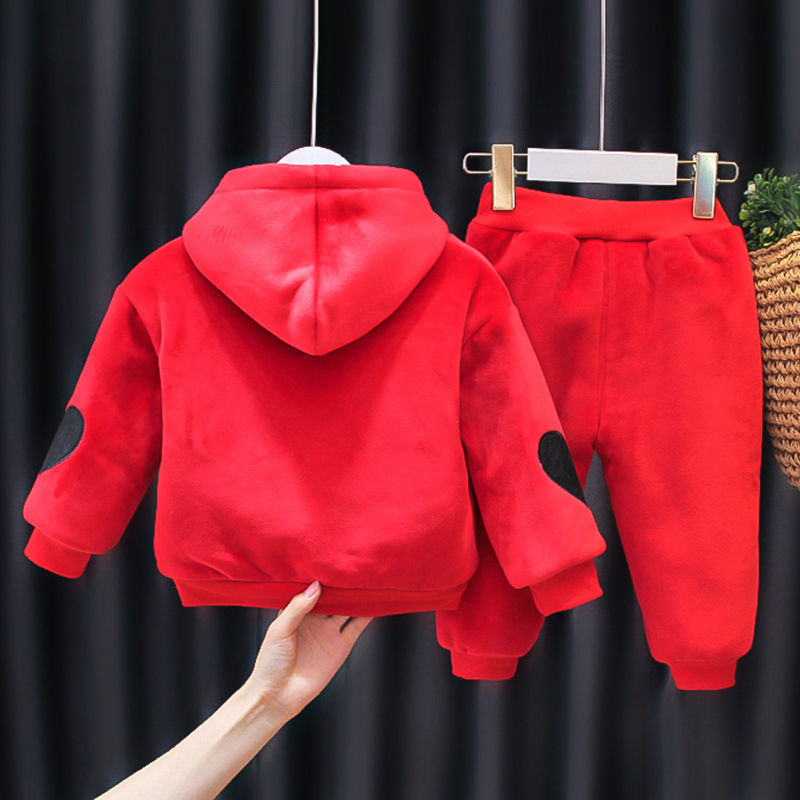 Girls fleece suit  new Korean version of winter clothes baby hooded sweater two-piece set children's fashion thickened tide