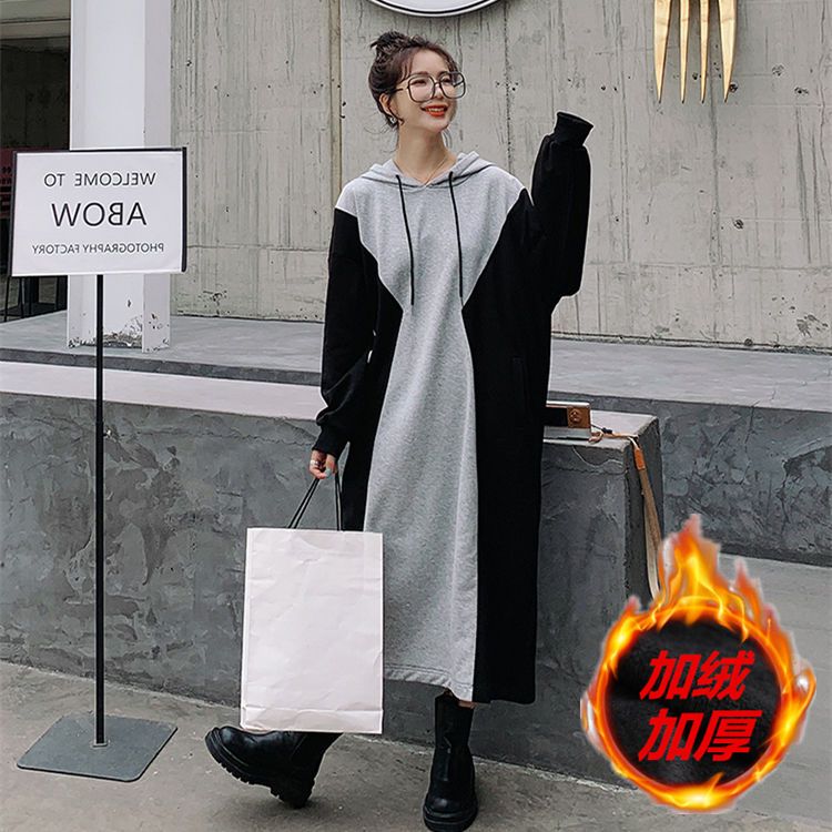 Fat MM 300 catties pregnant women thin velvet dress spring and autumn extra large size loose and thin splicing over the knee long sweater dress