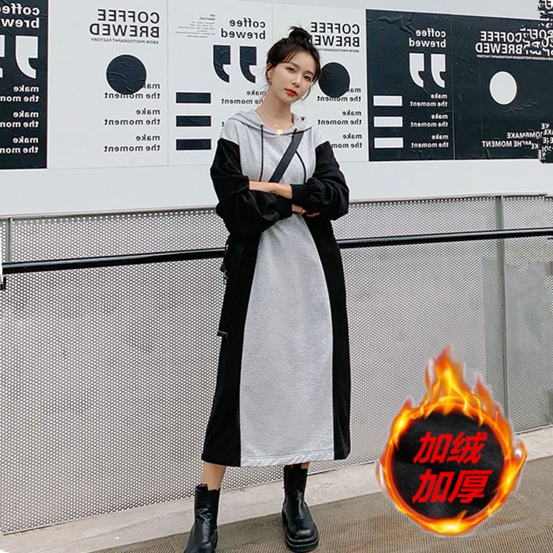 Fat MM 300 catties pregnant women thin velvet dress spring and autumn extra large size loose and thin splicing over the knee long sweater dress