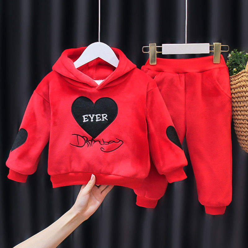 Girls fleece suit  new Korean version of winter clothes baby hooded sweater two-piece set children's fashion thickened tide